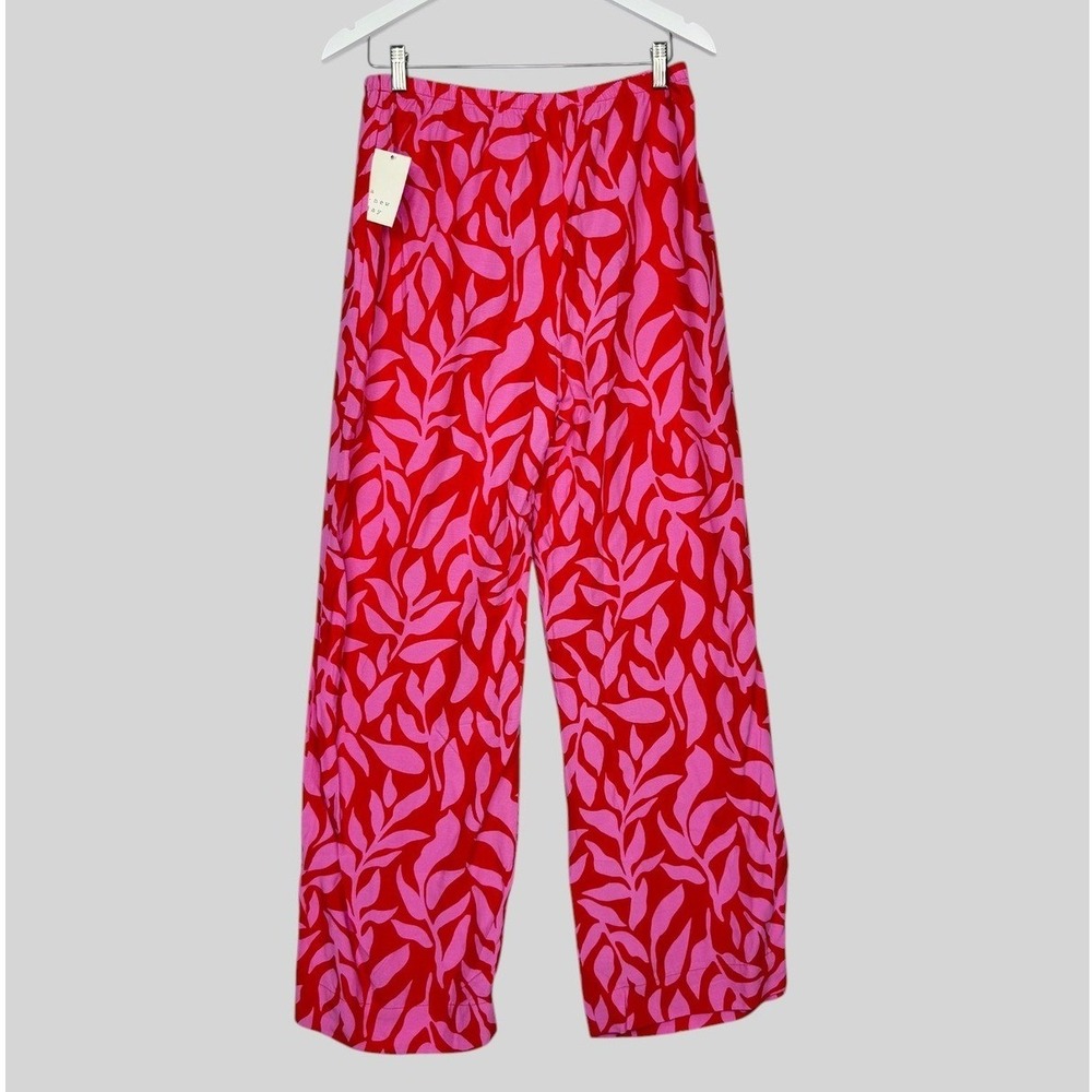 A New Day Pink Red Leaf Print‎ Wide Leg Pants Size Medium NWT